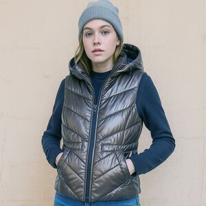 VTG Y2K Esprit Puffer Vest Womens 4US Metallic Coated Gray Hooded Down Feather